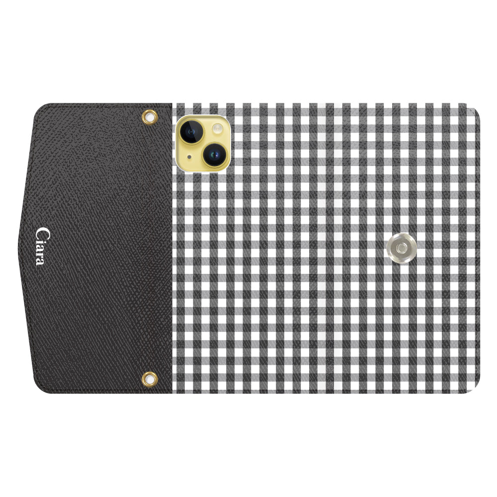 iPhone14Plusケース 手帳型カード収納レザーケース ギンガム ブラック