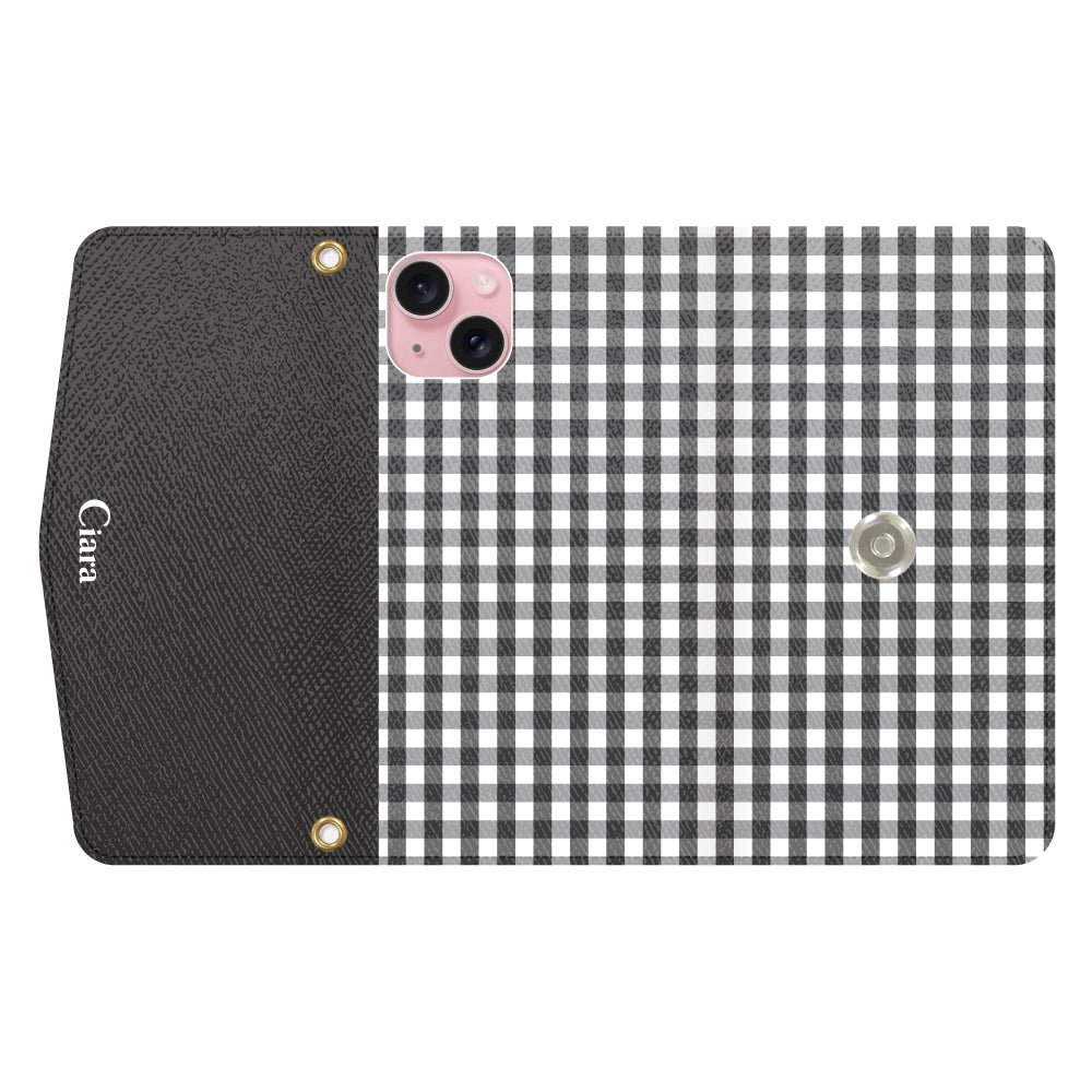 iPhone15ケース 手帳型カード収納レザーケース ギンガム ブラック