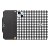 iPhone15Plusケース 手帳型カード収納レザーケース ギンガム ブラック
