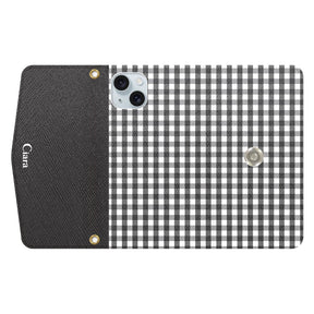 iPhone15Plusケース 手帳型カード収納レザーケース ギンガム ブラック