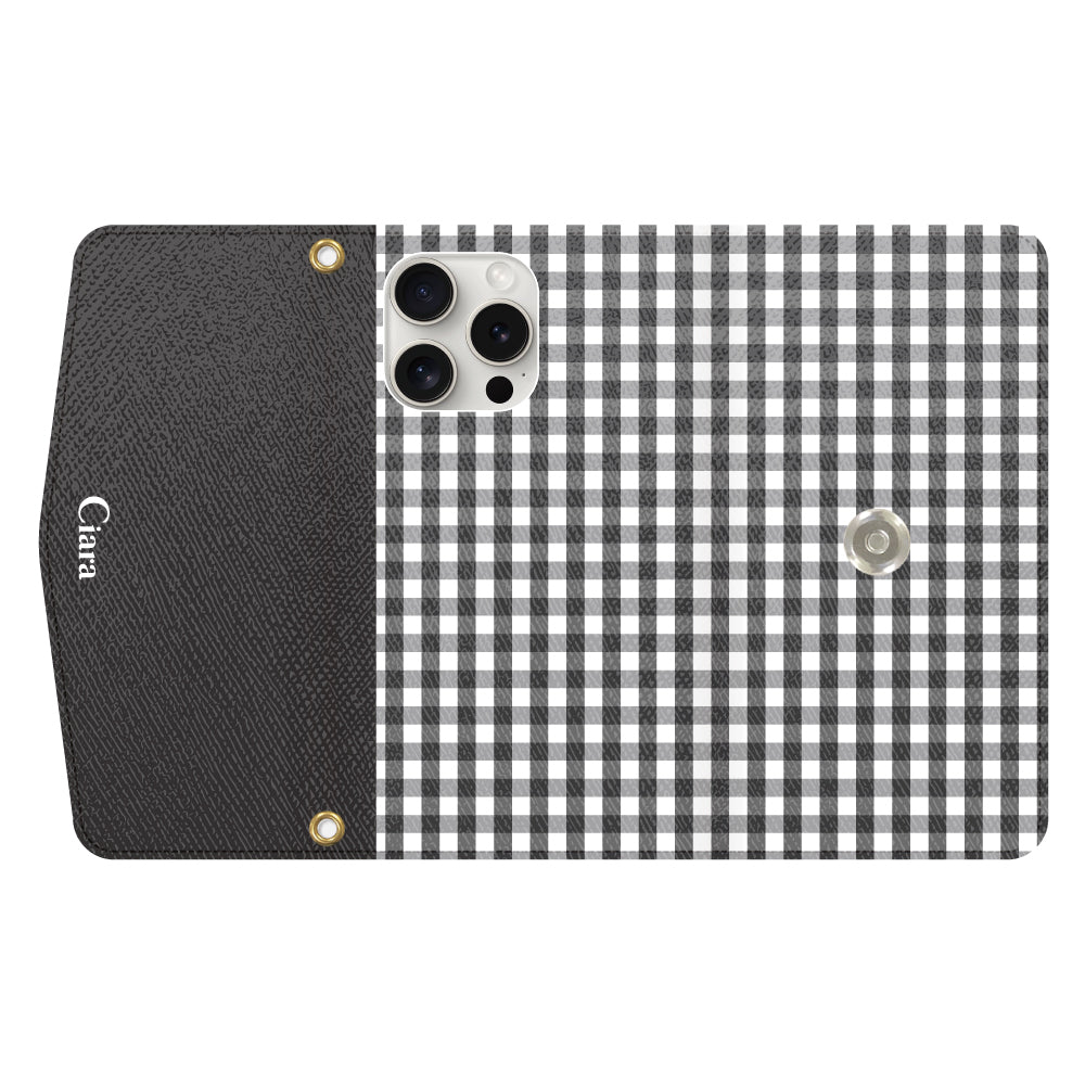 iPhone15ProMaxケース 手帳型カード収納レザーケース ギンガム ブラック