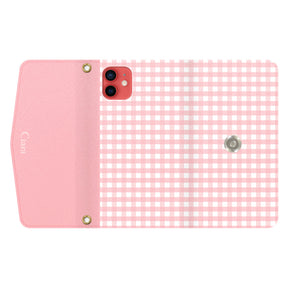 iPhone11ケース 手帳型カード収納レザーケース ギンガム ピンク