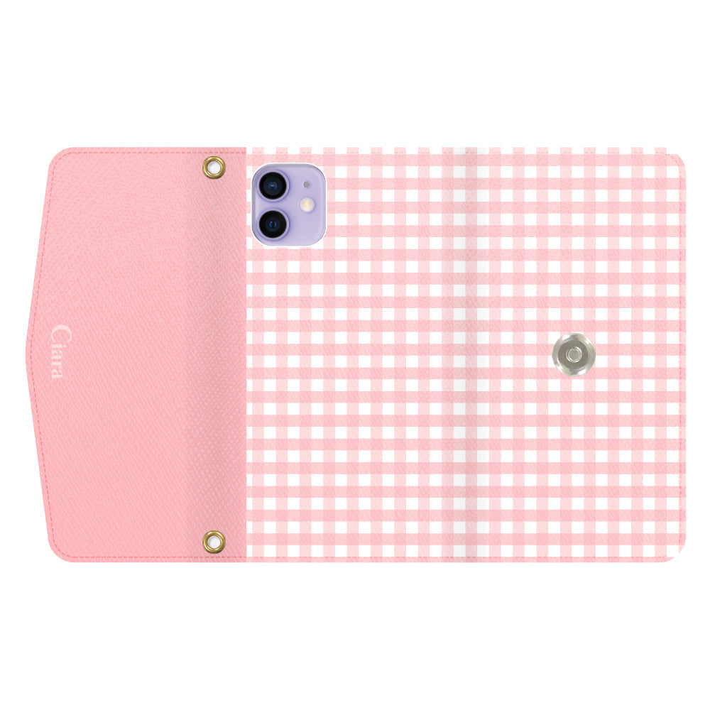 iPhone12/12Proケース 手帳型カード収納レザーケース ギンガム ピンク