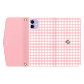 iPhone12/12Proケース 手帳型カード収納レザーケース ギンガム ピンク