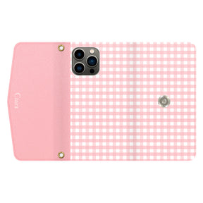 iPhone13Proケース 手帳型カード収納レザーケース ギンガム ピンク