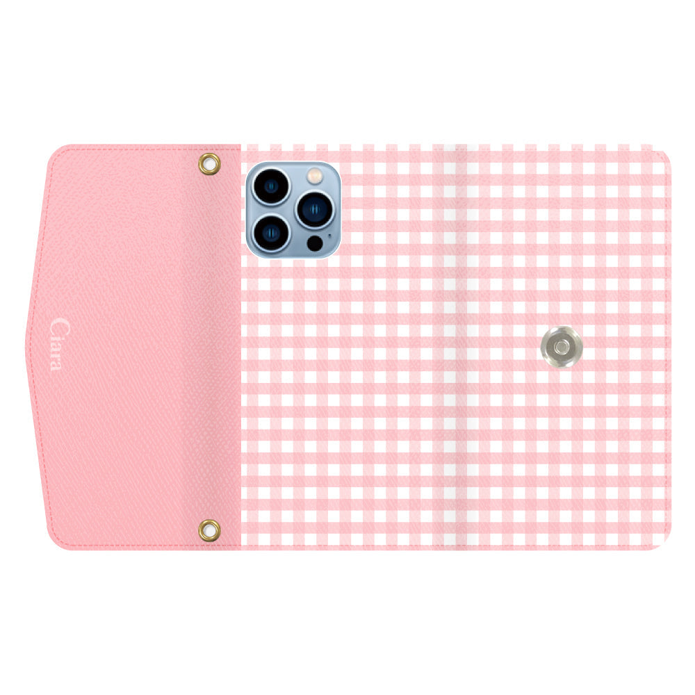 iPhone13ProMaxケース 手帳型カード収納レザーケース ギンガム ピンク