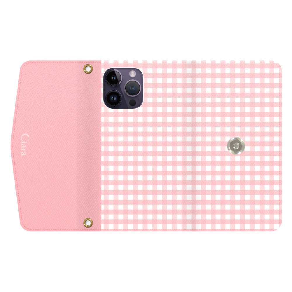 iPhone14ProMaxケース 手帳型カード収納レザーケース ギンガム ピンク