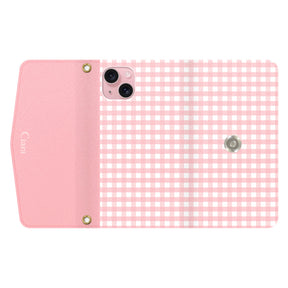 iPhone15ケース 手帳型カード収納レザーケース ギンガム ピンク