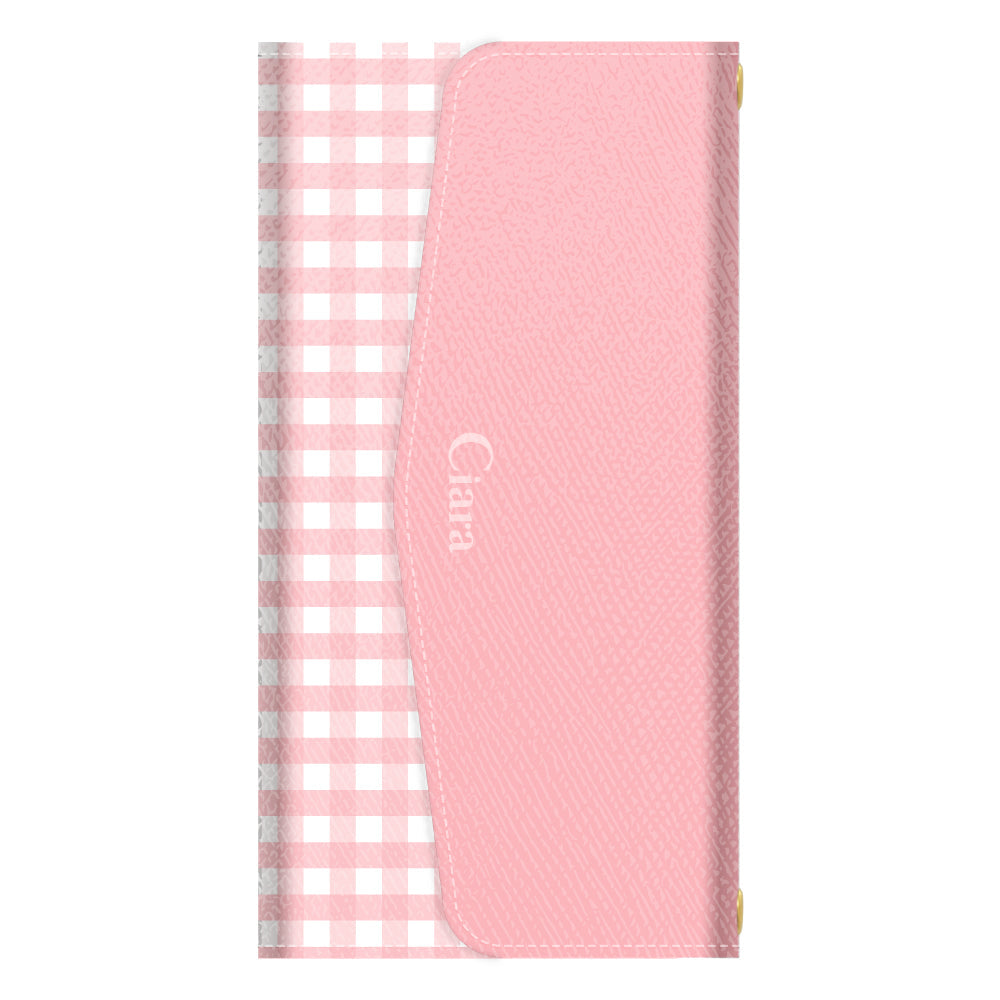 iPhone16eケース 手帳型カード収納レザーケース ギンガム ピンク