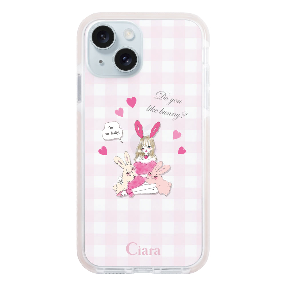 iPhone15Plus クッションバンパー 耐衝撃クリアケース バニーガール ピンク