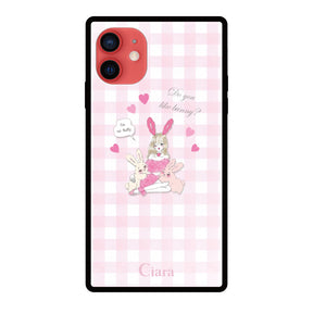 iPhone11ケース スクエア 強化ガラスケース バニーガール ピンクチェック