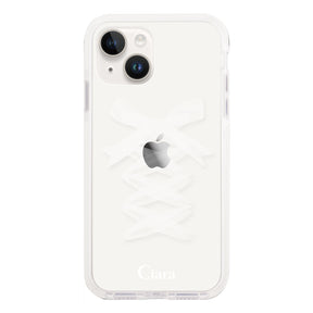 iPhone14 クッションバンパー 耐衝撃クリアケース レースアップリボン ホワイト