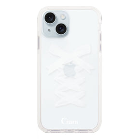 iPhone15Plus クッションバンパー 耐衝撃クリアケース レースアップリボン ホワイト