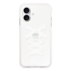 iPhone16 クッションバンパー 耐衝撃クリアケース レースアップリボン ホワイト