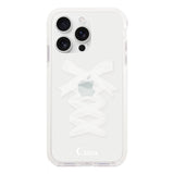 iPhone16ProMax クッションバンパー 耐衝撃クリアケース レースアップリボン ホワイト