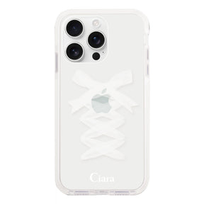 iPhone16ProMax クッションバンパー 耐衝撃クリアケース レースアップリボン ホワイト