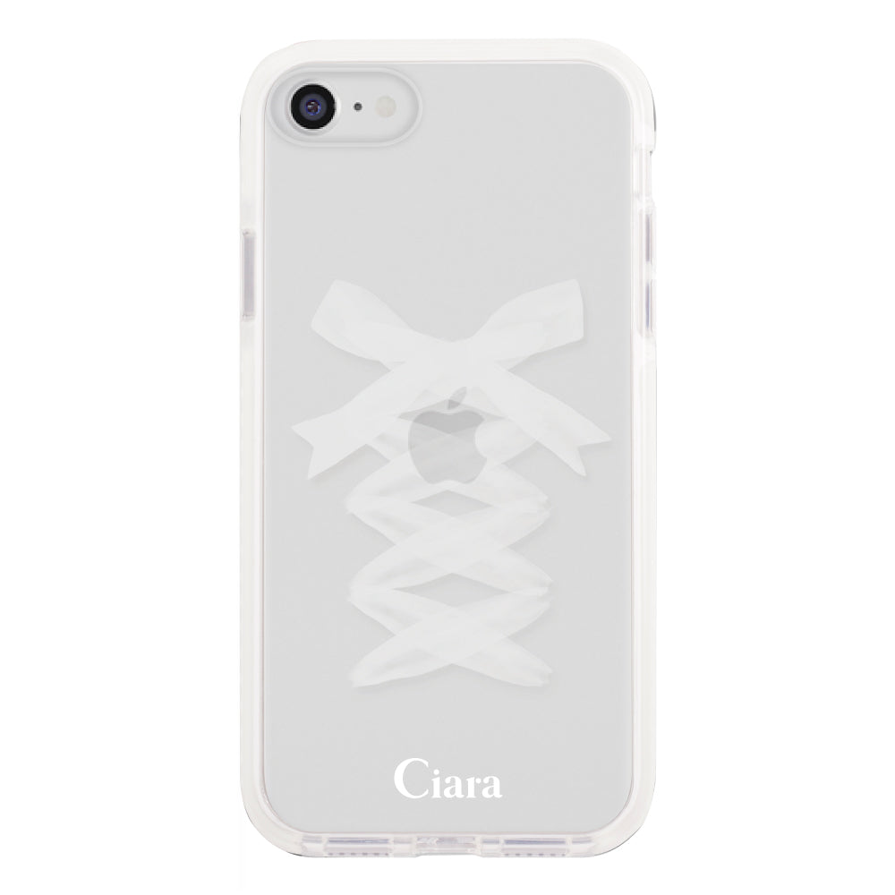 iPhone7/8/SE2/SE3 クッションバンパー 耐衝撃クリアケース レースアップリボン ホワイト