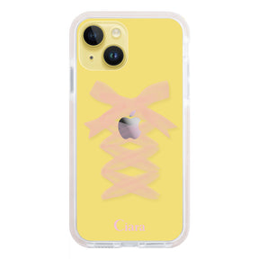iPhone14Plus クッションバンパー 耐衝撃クリアケース レースアップリボン ピンク