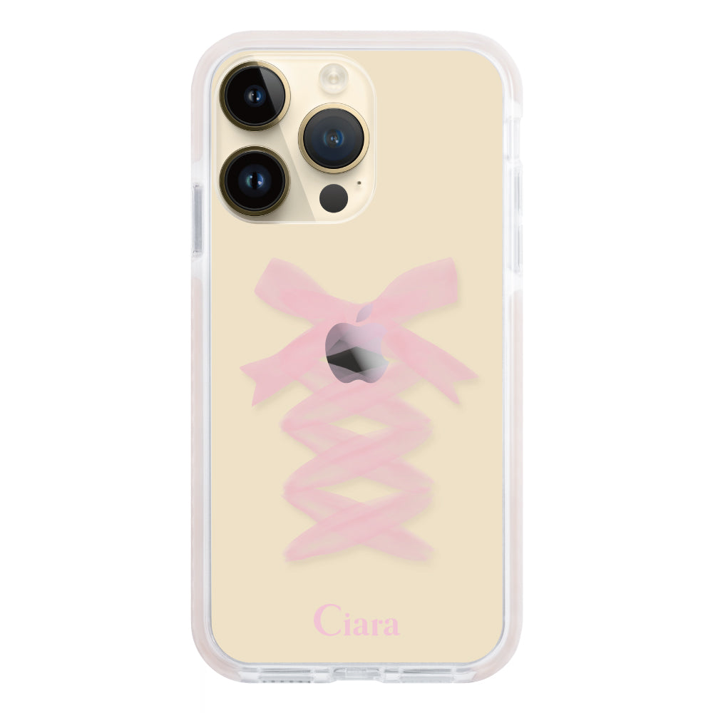 iPhone14Pro クッションバンパー 耐衝撃クリアケース レースアップリボン ピンク