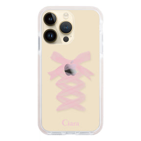 iPhone14Pro クッションバンパー 耐衝撃クリアケース レースアップリボン ピンク