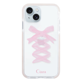 iPhone15Plus クッションバンパー 耐衝撃クリアケース レースアップリボン ピンク