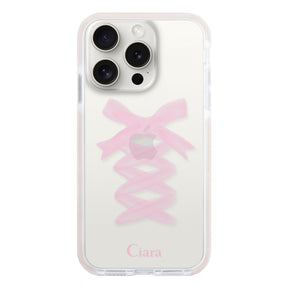 iPhone15ProMax クッションバンパー 耐衝撃クリアケース レースアップリボン ピンク
