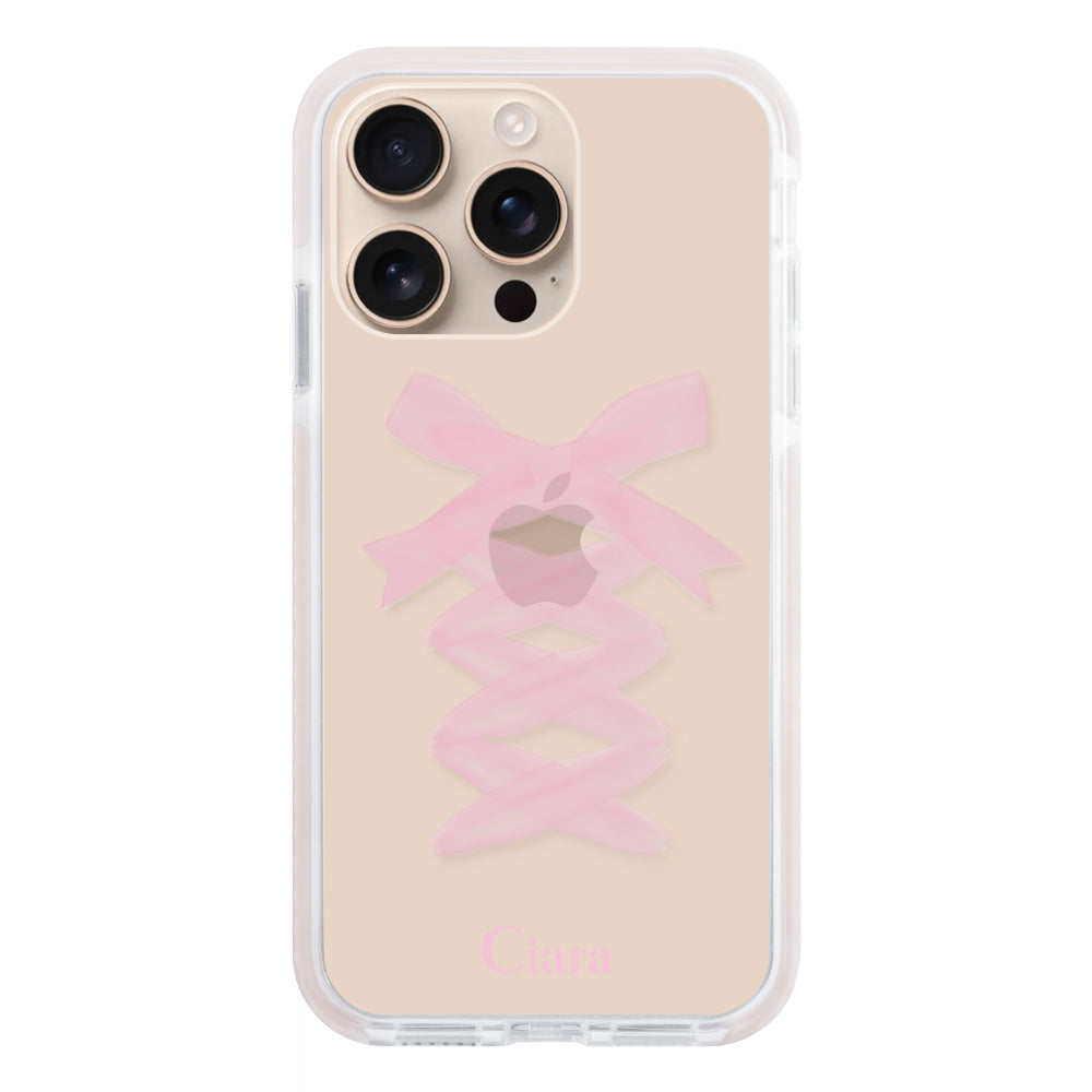 iPhone16Pro クッションバンパー 耐衝撃クリアケース レースアップリボン ピンク