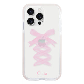 iPhone16ProMax クッションバンパー 耐衝撃クリアケース レースアップリボン ピンク