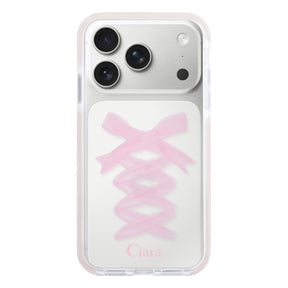iPhone17Pro クッションバンパー 耐衝撃クリアケース レースアップリボン ピンク
