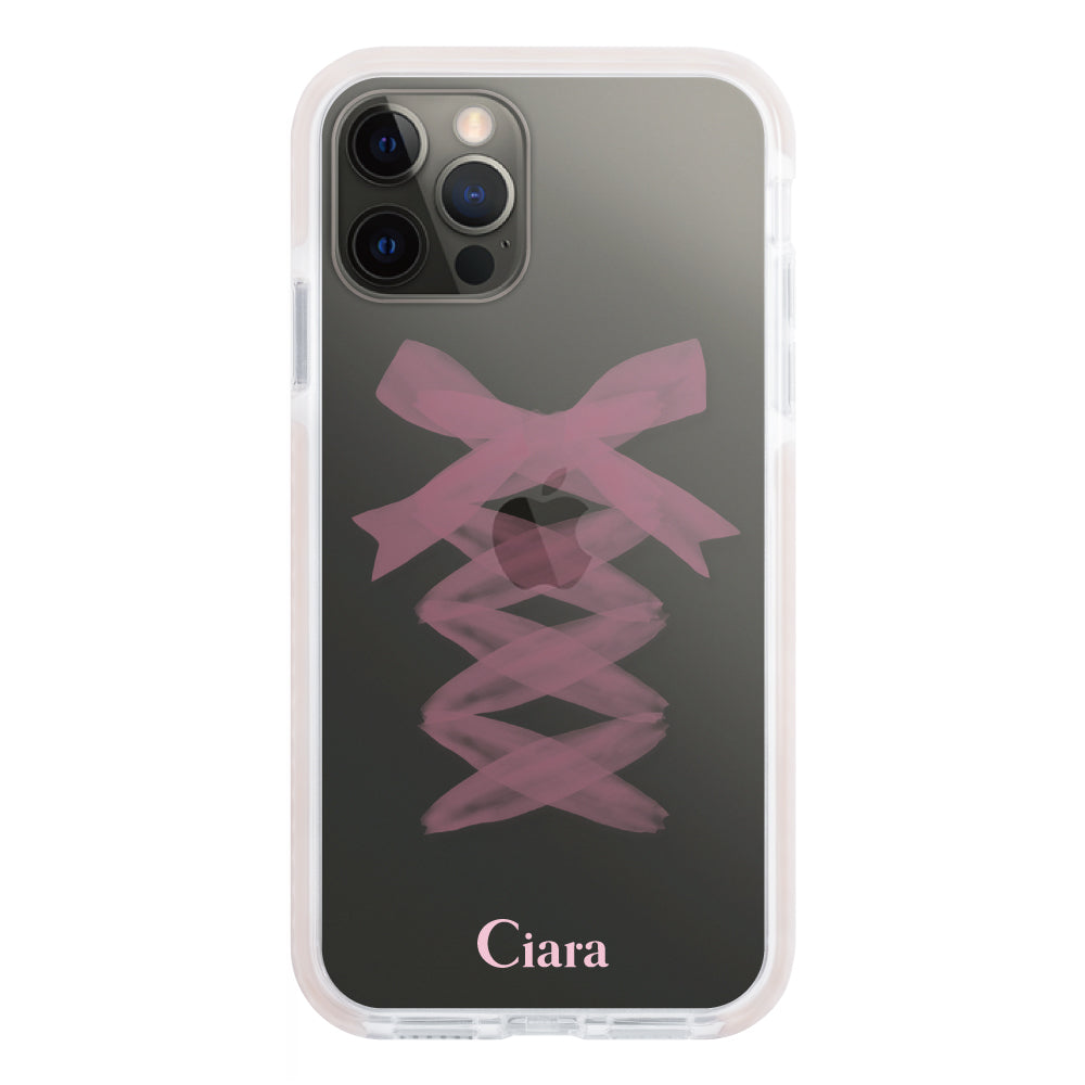 iPhoneX/XS クッションバンパー 耐衝撃クリアケース レースアップリボン ピンク