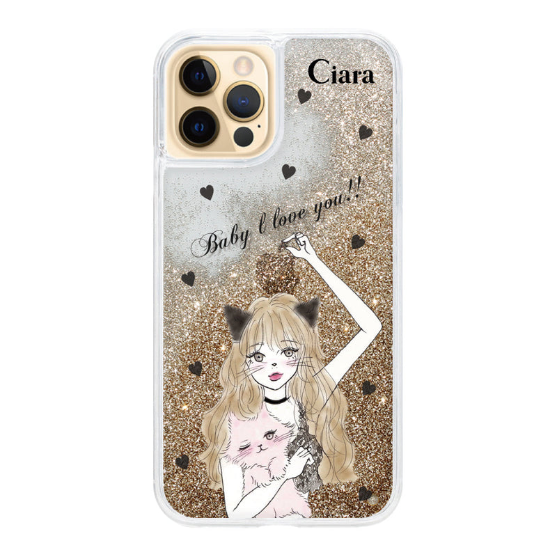 iPhoneケース グリッター オイルクリアケース ブラックキャットガール