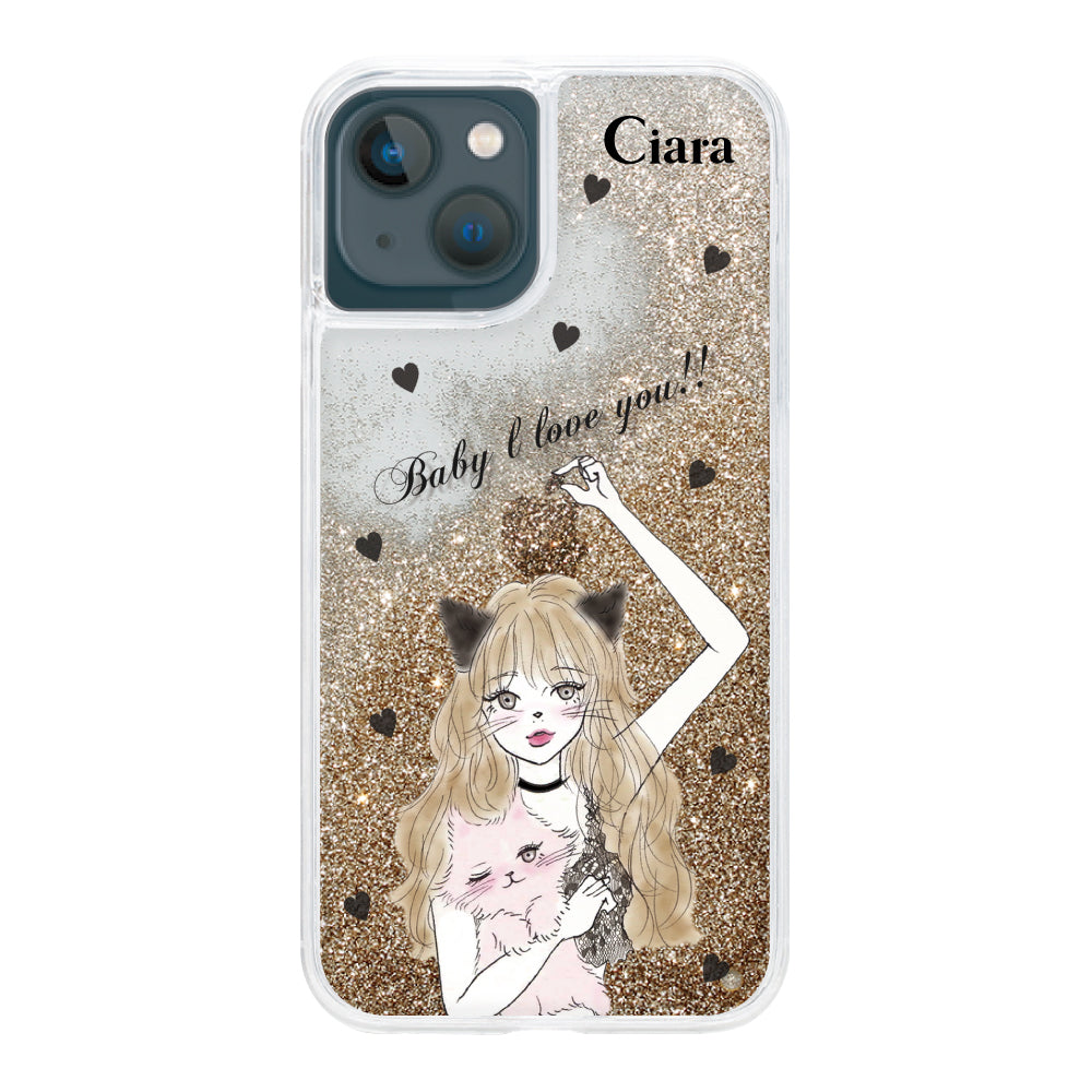 iPhoneケース グリッター オイルクリアケース ブラックキャットガール