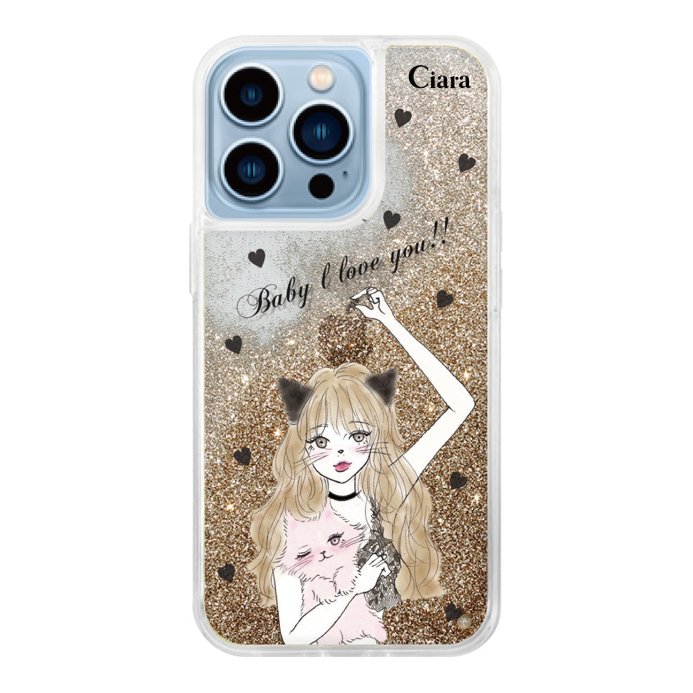 iPhoneケース グリッター オイルクリアケース ブラックキャットガール