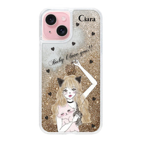 iPhone15 グリッター オイルクリアケース ブラックキャットガール ゴールド