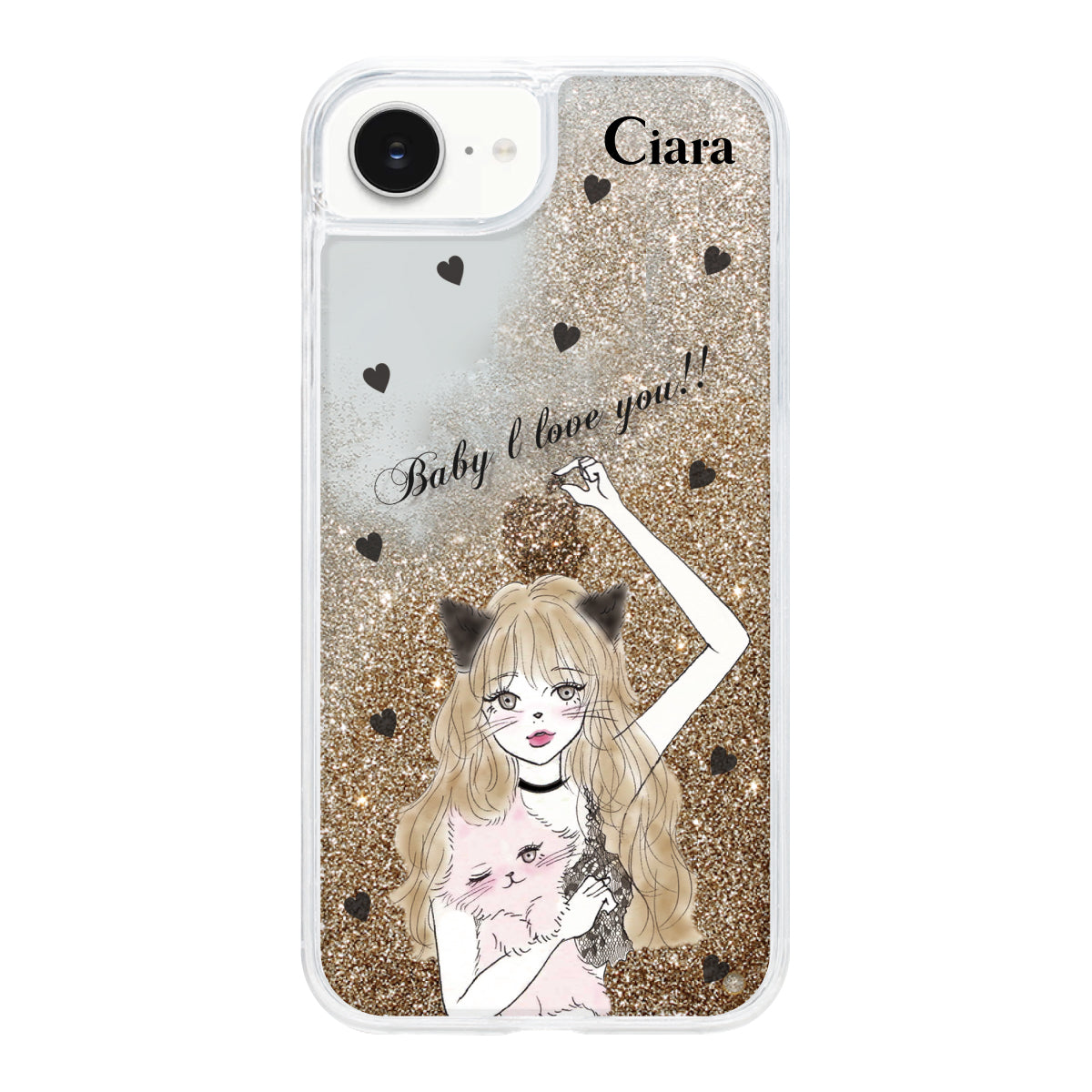 iPhoneケース グリッター オイルクリアケース ブラックキャットガール