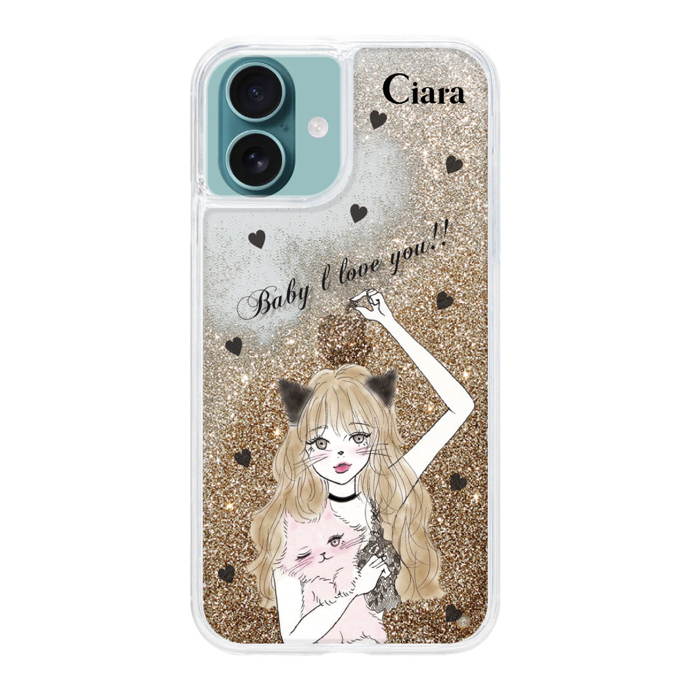 iPhoneケース グリッター オイルクリアケース ブラックキャットガール