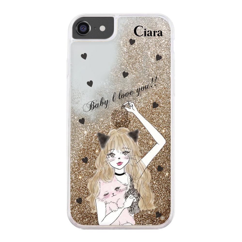 iPhoneケース グリッター オイルクリアケース ブラックキャットガール