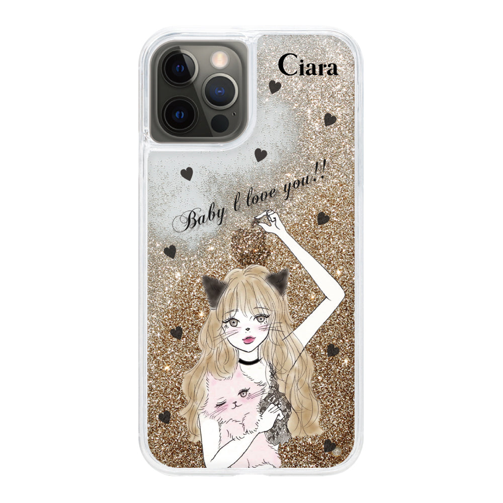 iPhoneケース グリッター オイルクリアケース ブラックキャットガール