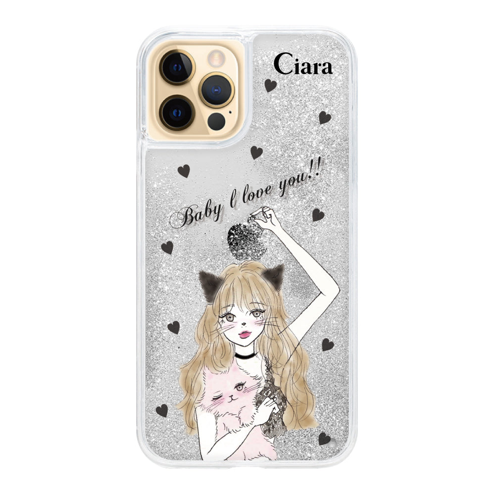 iPhoneケース グリッター オイルクリアケース ブラックキャットガール