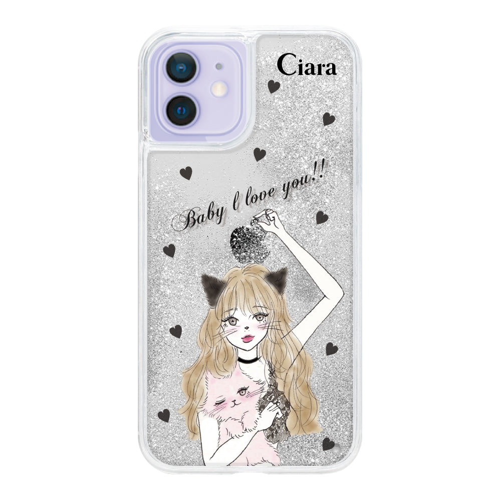 iPhoneケース グリッター オイルクリアケース ブラックキャットガール