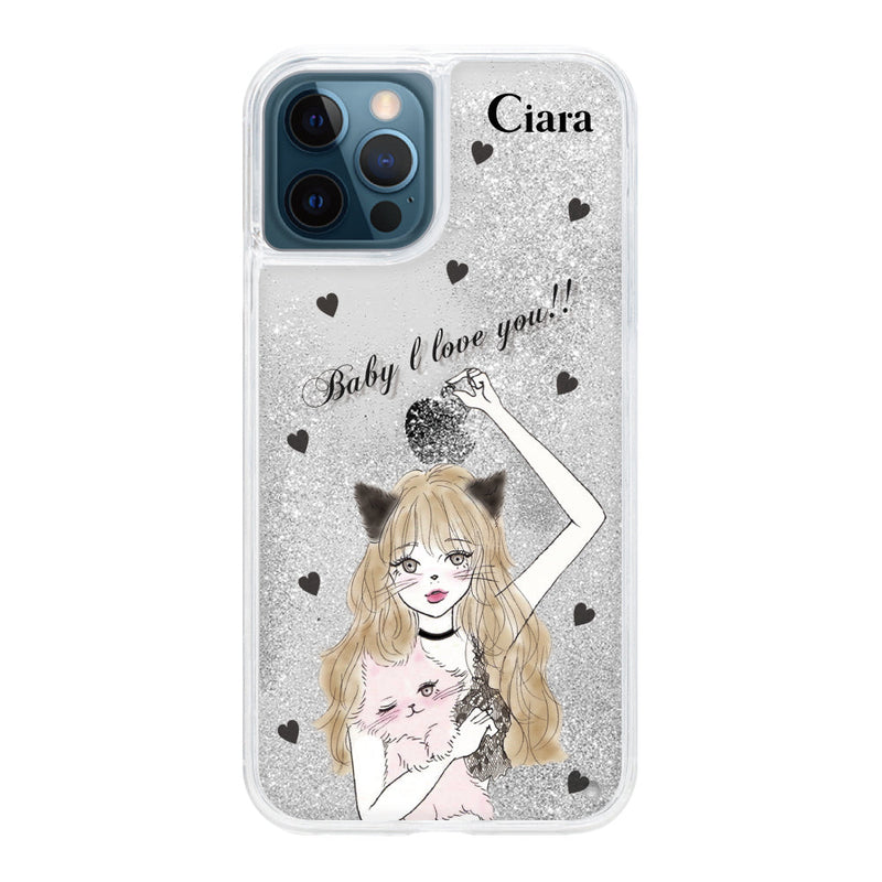 iPhoneケース グリッター オイルクリアケース ブラックキャットガール