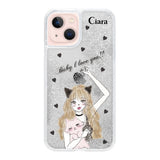 iPhone13 グリッター オイルクリアケース ブラックキャットガール シルバー