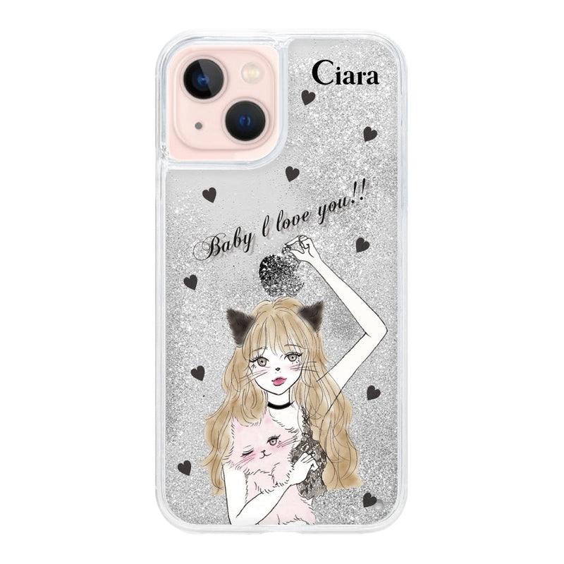 iPhoneケース グリッター オイルクリアケース ブラックキャットガール