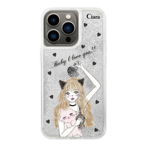 iPhone13Pro グリッター オイルクリアケース ブラックキャットガール シルバー