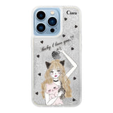 iPhone13ProMax グリッター オイルクリアケース ブラックキャットガール シルバー