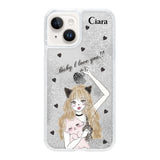 iPhone14 グリッター オイルクリアケース ブラックキャットガール シルバー