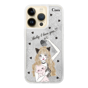 iPhone14Pro グリッター オイルクリアケース ブラックキャットガール シルバー