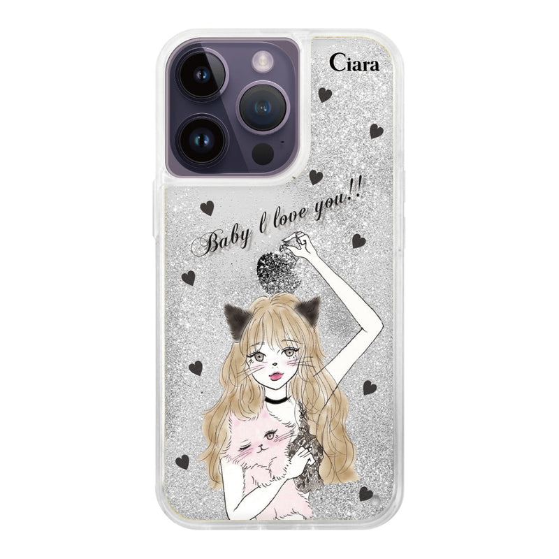 iPhoneケース グリッター オイルクリアケース ブラックキャットガール