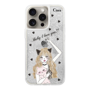 iPhone15Pro グリッター オイルクリアケース ブラックキャットガール シルバー