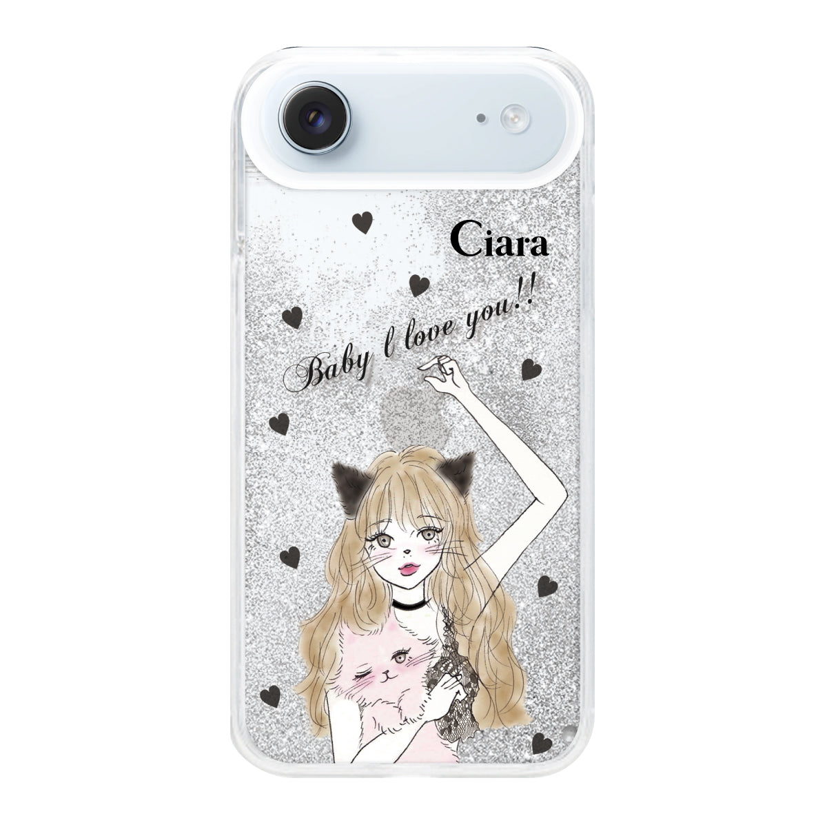 iPhoneAir グリッター オイルクリアケース ブラックキャットガール シルバー